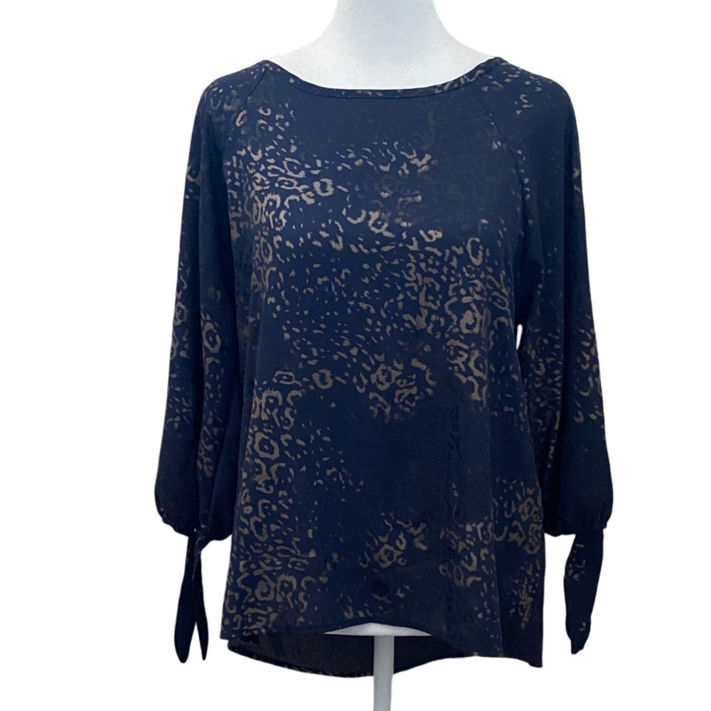 Papermoon Elegant Navy & Tan Leopard Print Blouse. 3/4 Sleeves With Ties. Size S